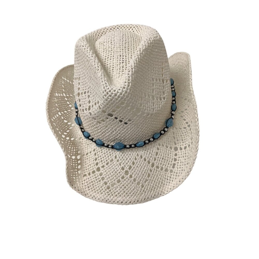 White Cowboy Hat With Aqua Bead Detail & Shapable Brim